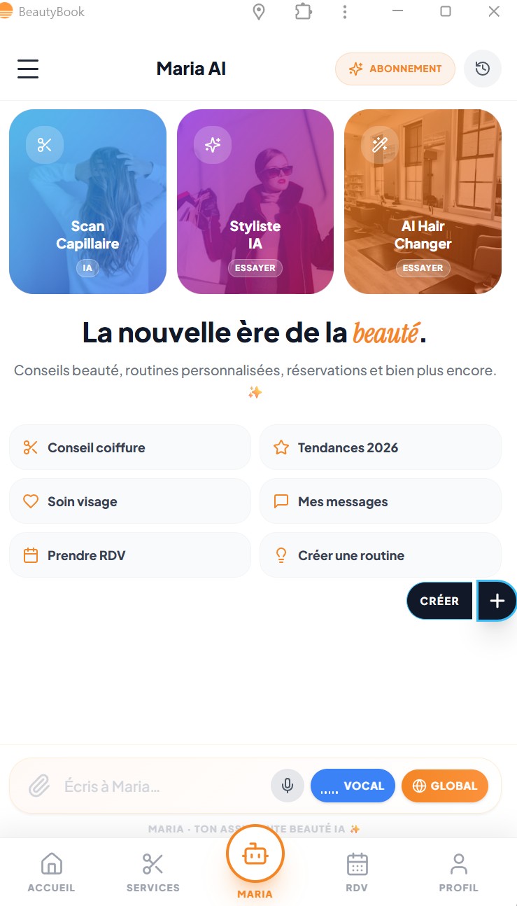 Écran de l'application BeautyBook avec Maria AI, des outils de coiffure et une barre de navigation beauté